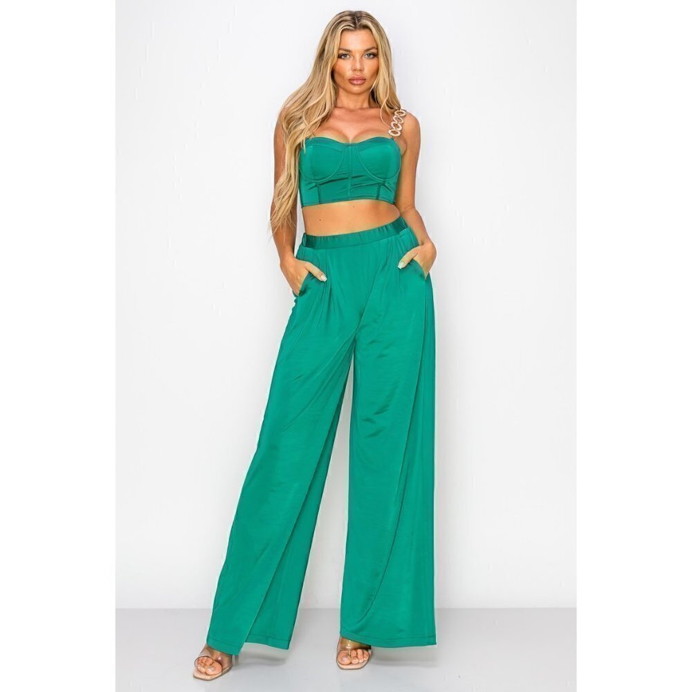WOMEN’S Green High Waist Trouser And Crop Top Bustier Outfit Set